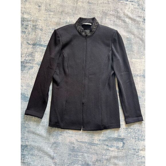 Vintage St John Black Santana Knit Zip Front High Braid Collar Blazer Women's 12 - Picture 1 of 10